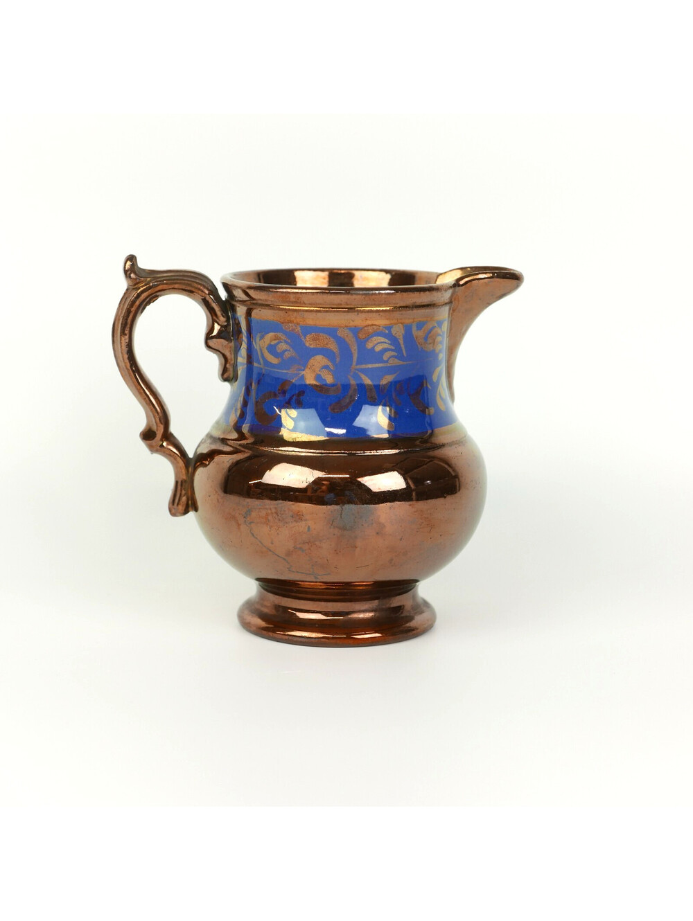 Antique Victorian Copper Lustre Lusterware Creamer Pitcher Jug Blue Floral Paint